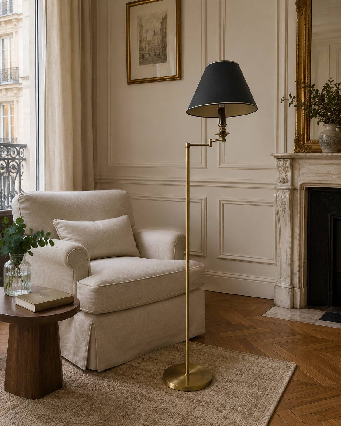 Brass reading floor lamp, adjustable arm, vintage anthracite shade.