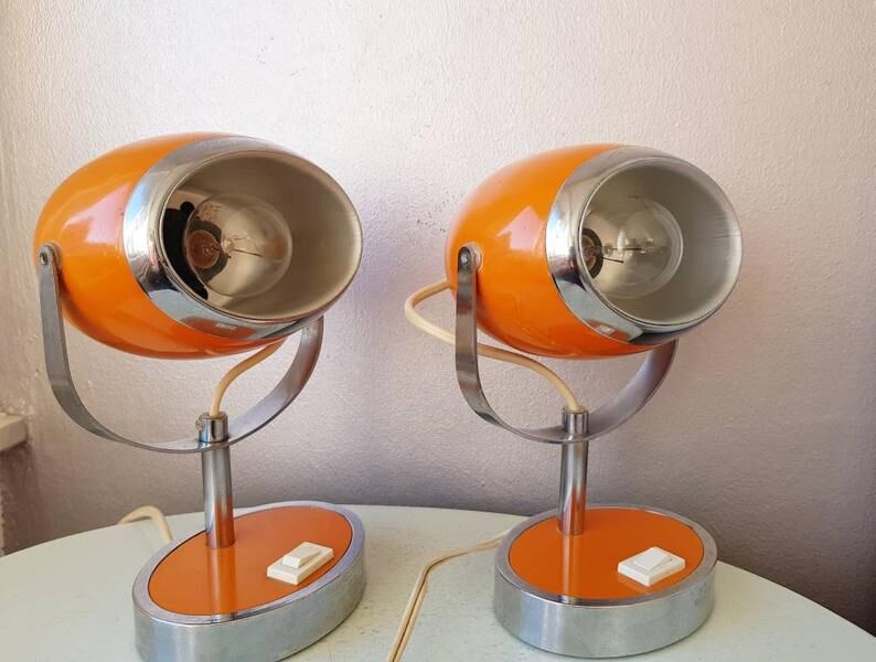 Pair of orange eye table lamps from the 70s space age