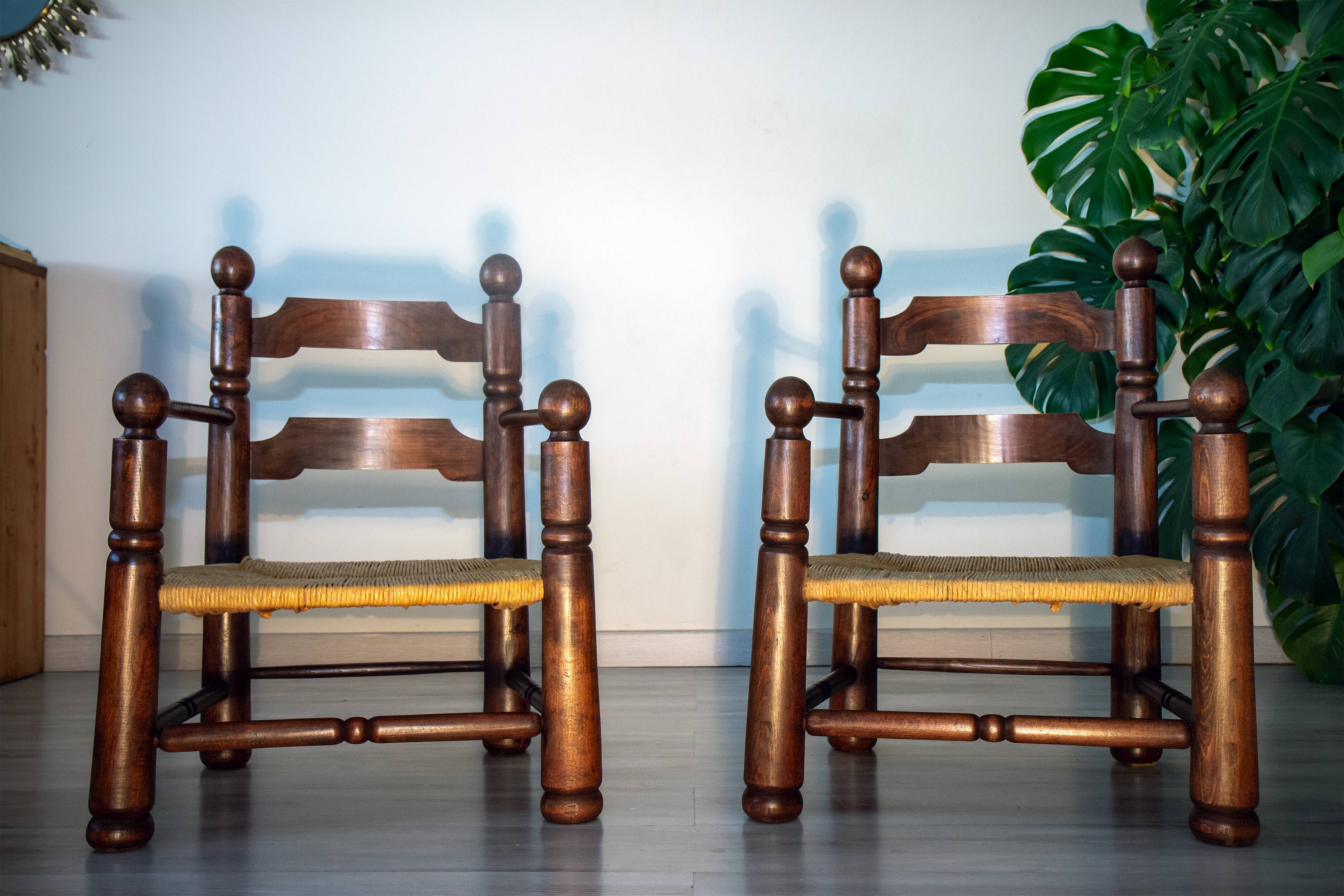 Oak and rush armchair, brutalist style, Charles Dudouyt, 1940s