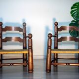 Oak and rush armchair, brutalist style, Charles Dudouyt, 1940s