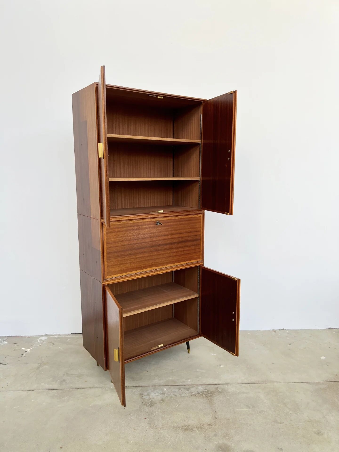 High mahogany cabinet with drop-down front — bar or secretary, custom-made, 1960s
