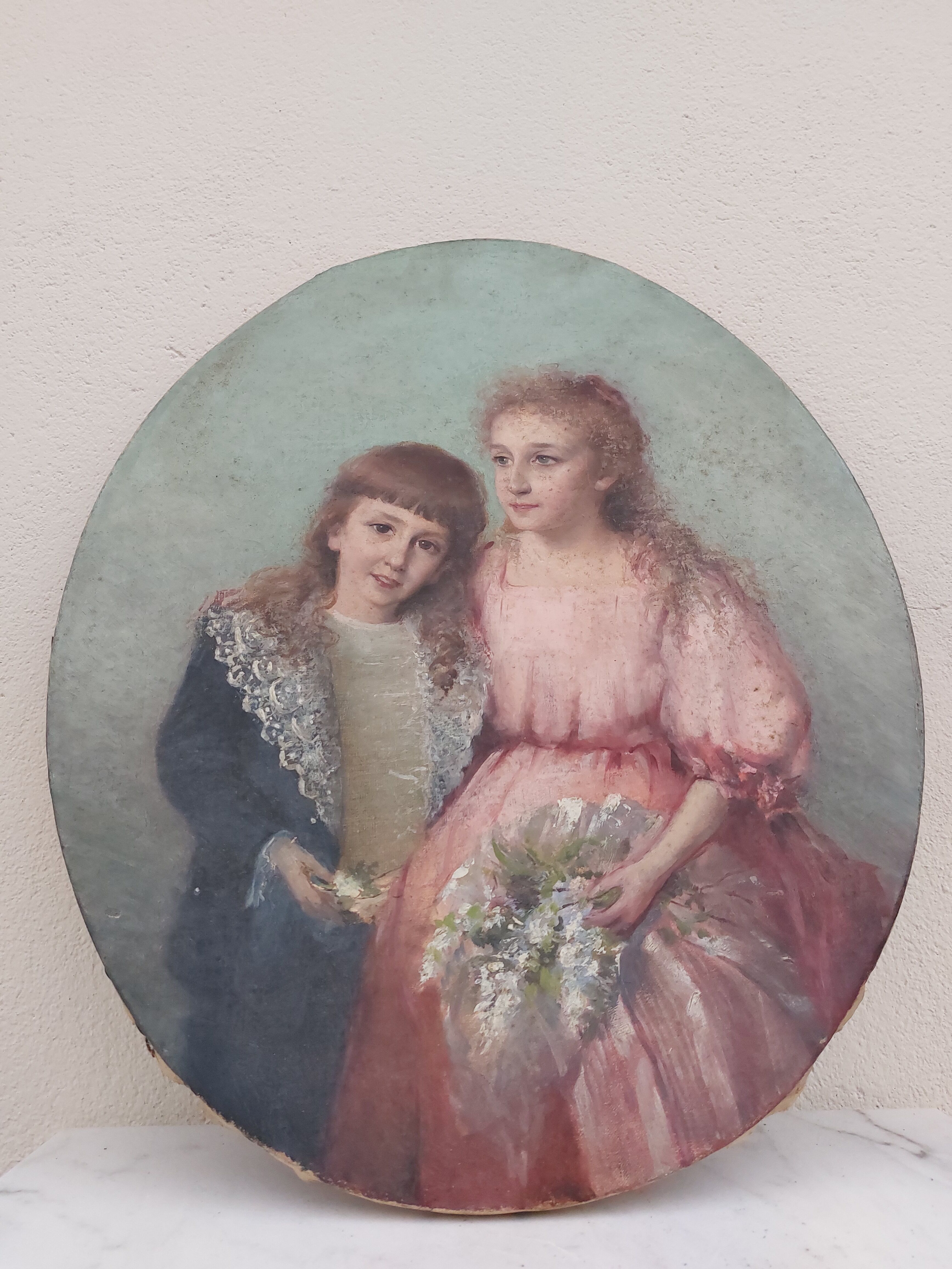 Portrait painting to young girls oil on canvas 19th