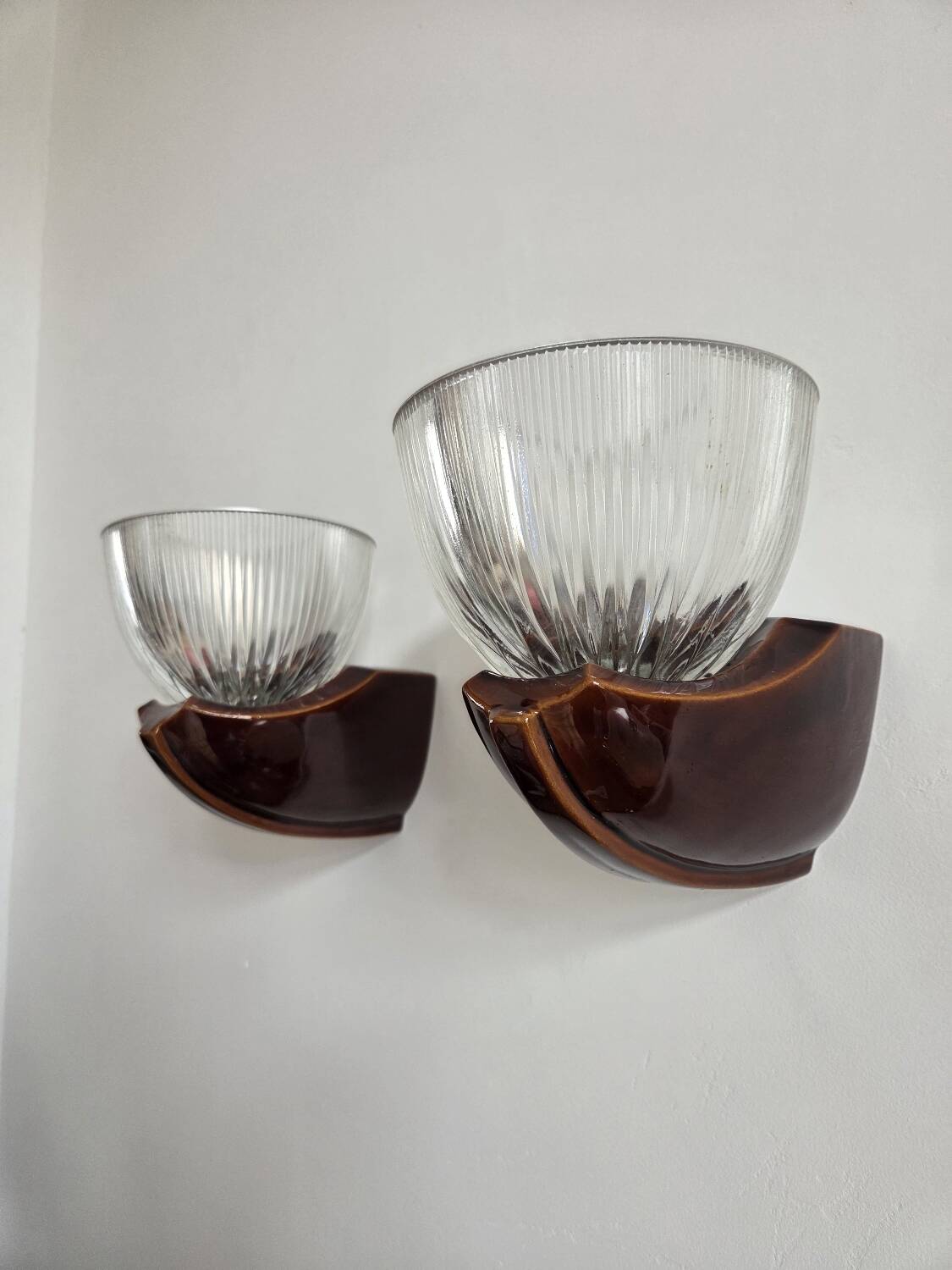 Pair of Art Deco wall lights, ceramic and holophane glass.