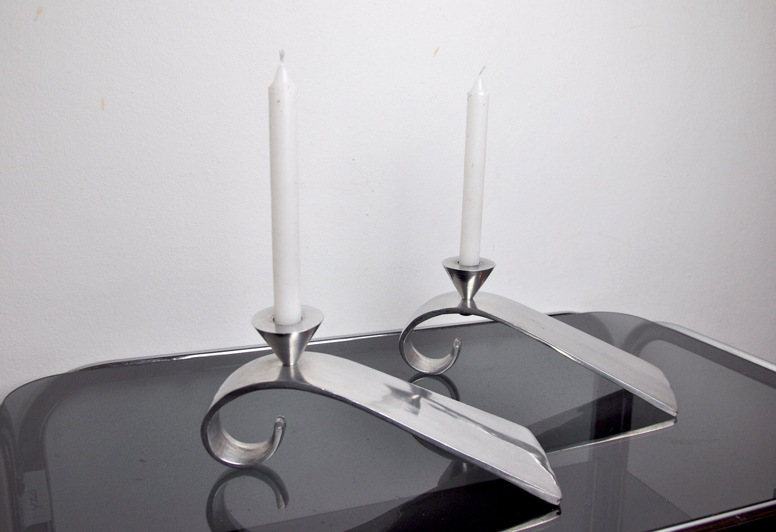Pair of comma candlesticks by matthew hilton, England, 1980