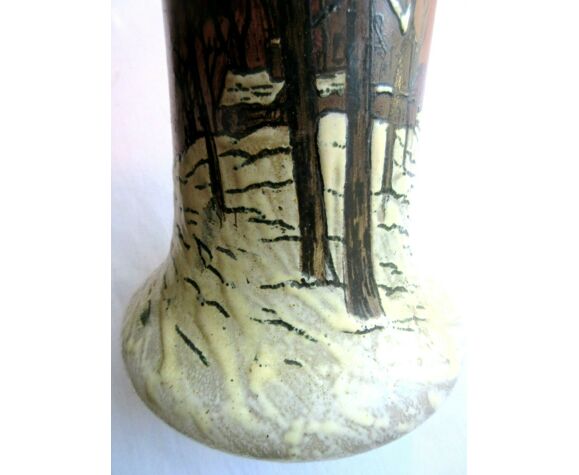 Vase art nouveau déco émaillé Legras paysage de neige, arbres et femme  marchant | Selency