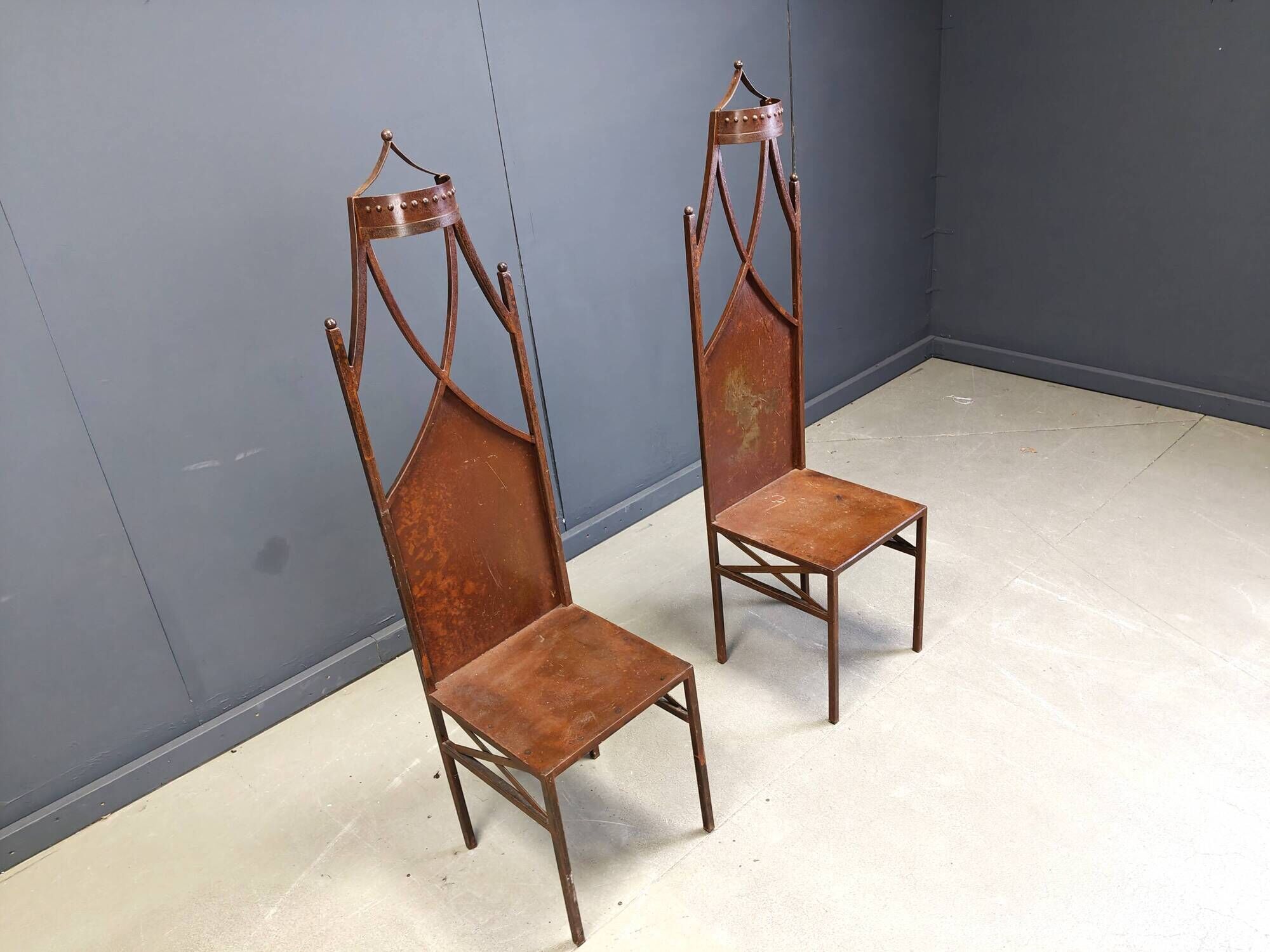Pair of gothic french high back side chairs, 1960s