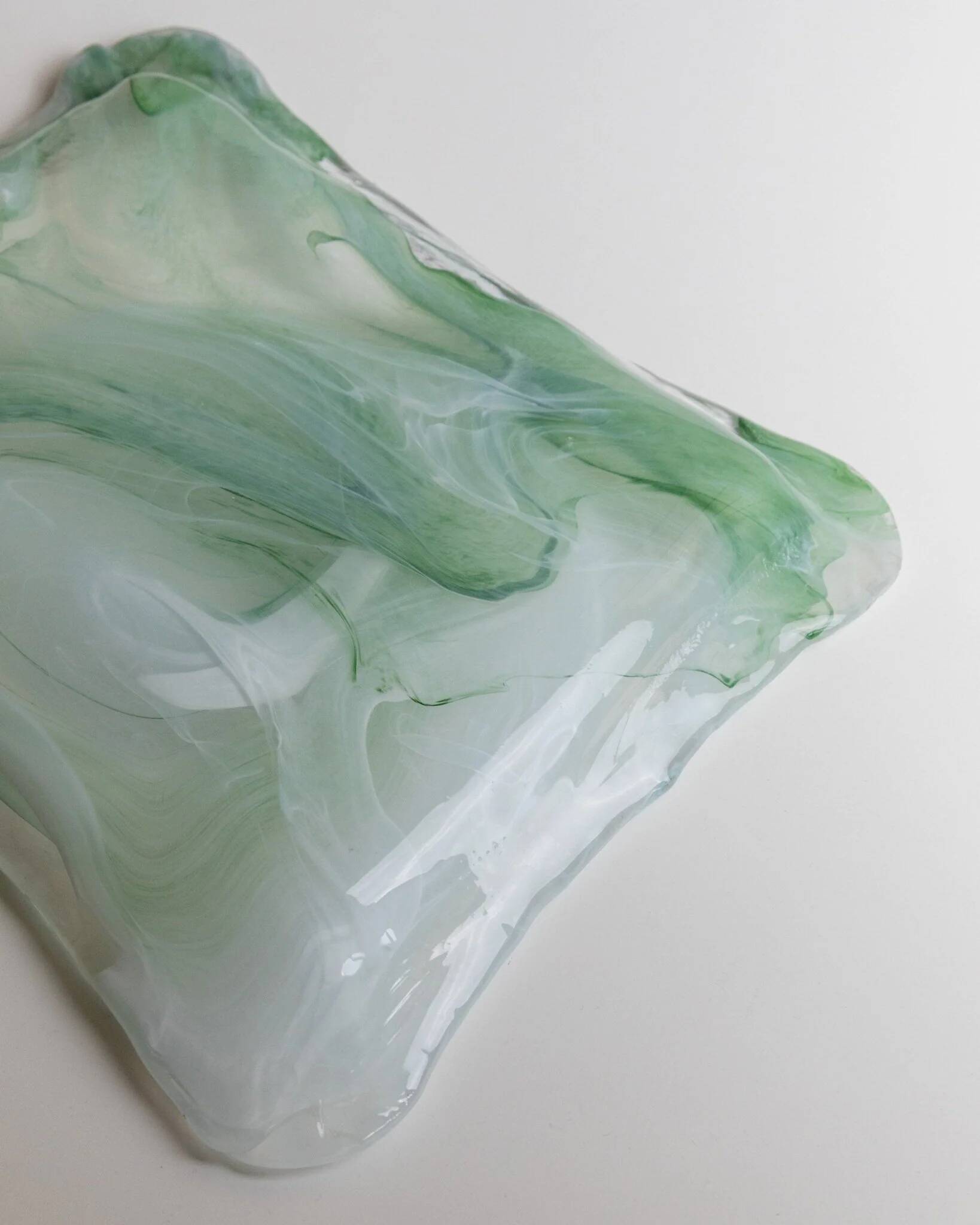 Vintage Murano Glass Tray in Green and White Swirls - Handmade Italian Glass, Mid-Century 1970s