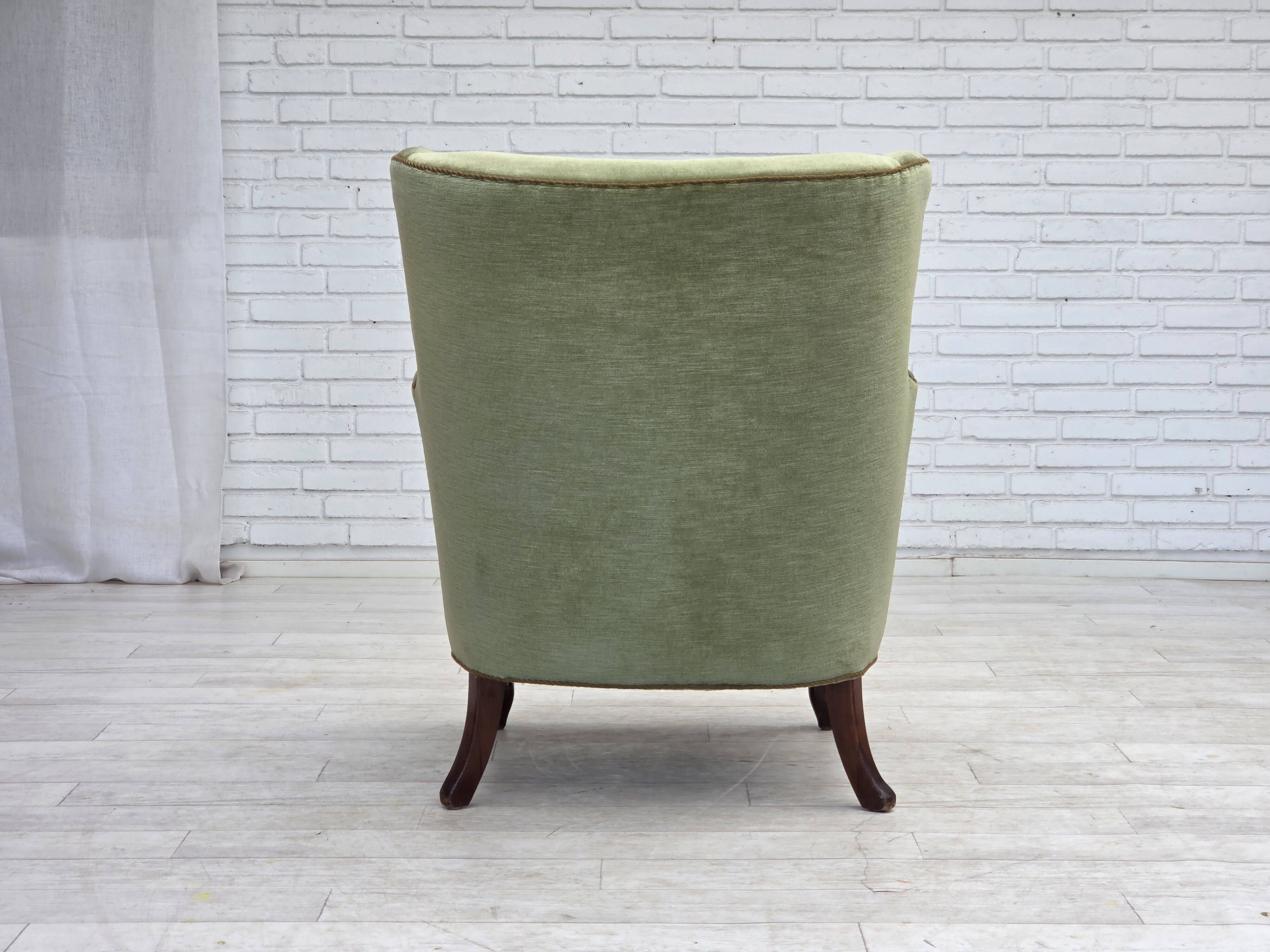 1960s, Scandinavian armchair, green furniture velour, oak wood legs.