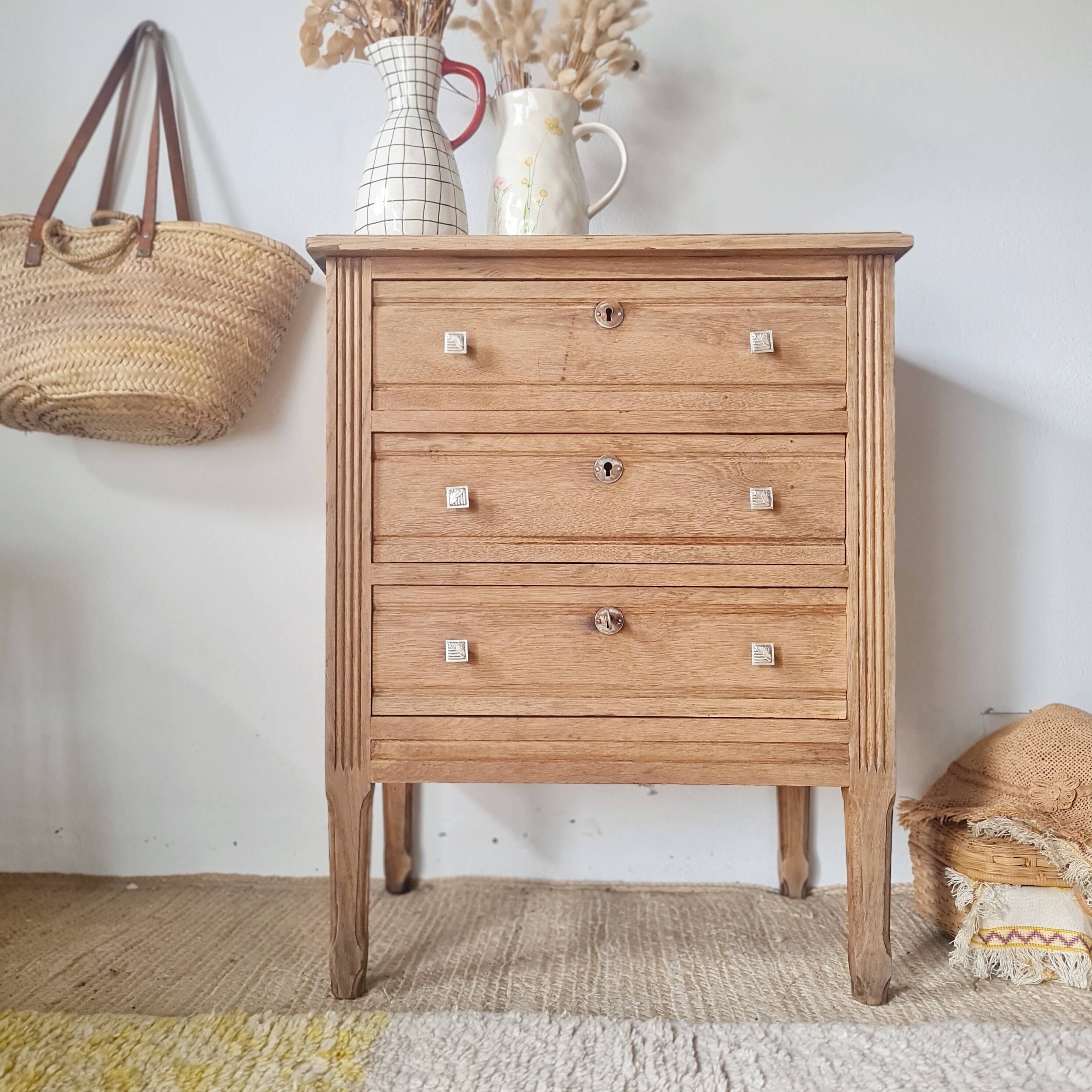 Petite commode 3 tiroirs bois brut- finition bois brut - 81 cm