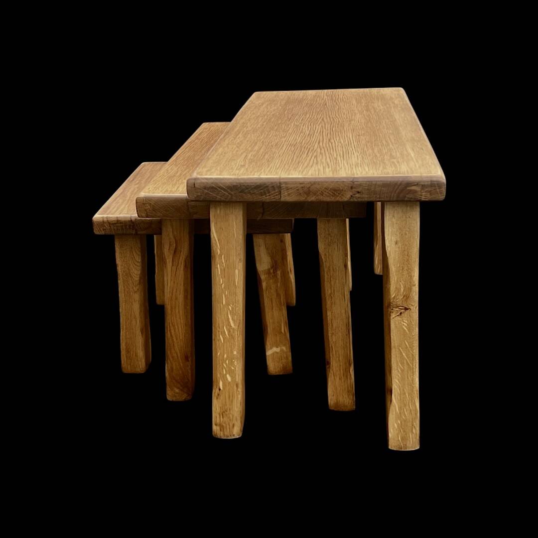 Trio of Brutalist nesting tables in solid oak – 1960s/70s