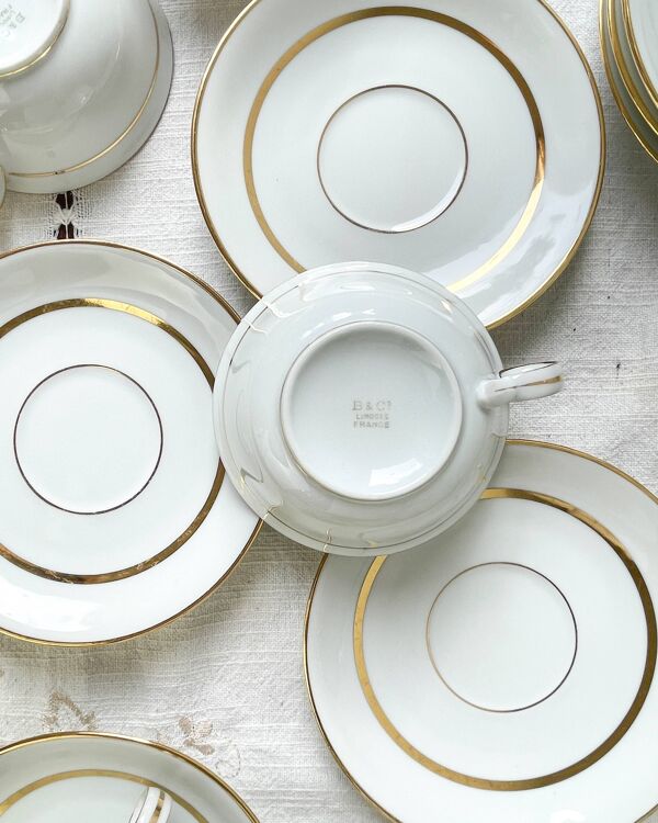 Service à thé/café vintage en porcelaine Bernardaud & Cie Limoges France blanche doré