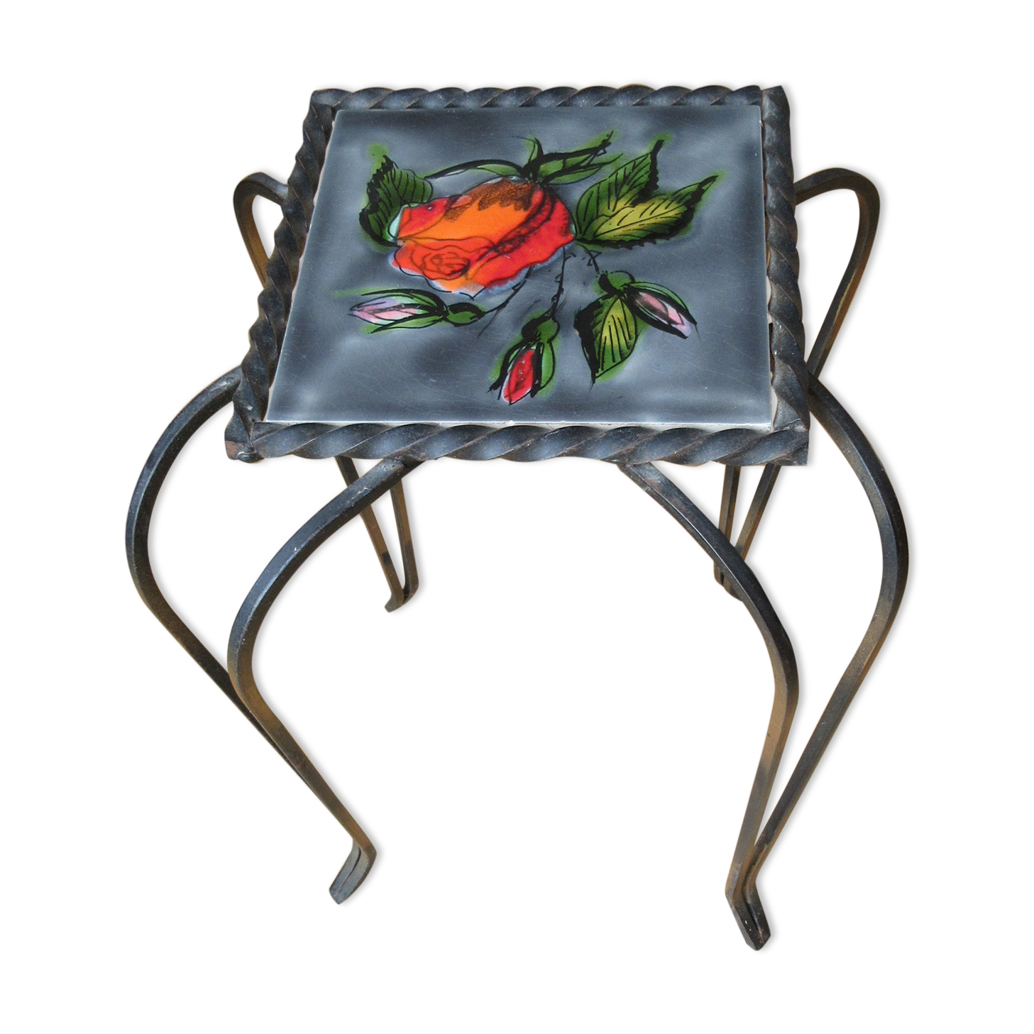 wrought iron and earthenware tile side table