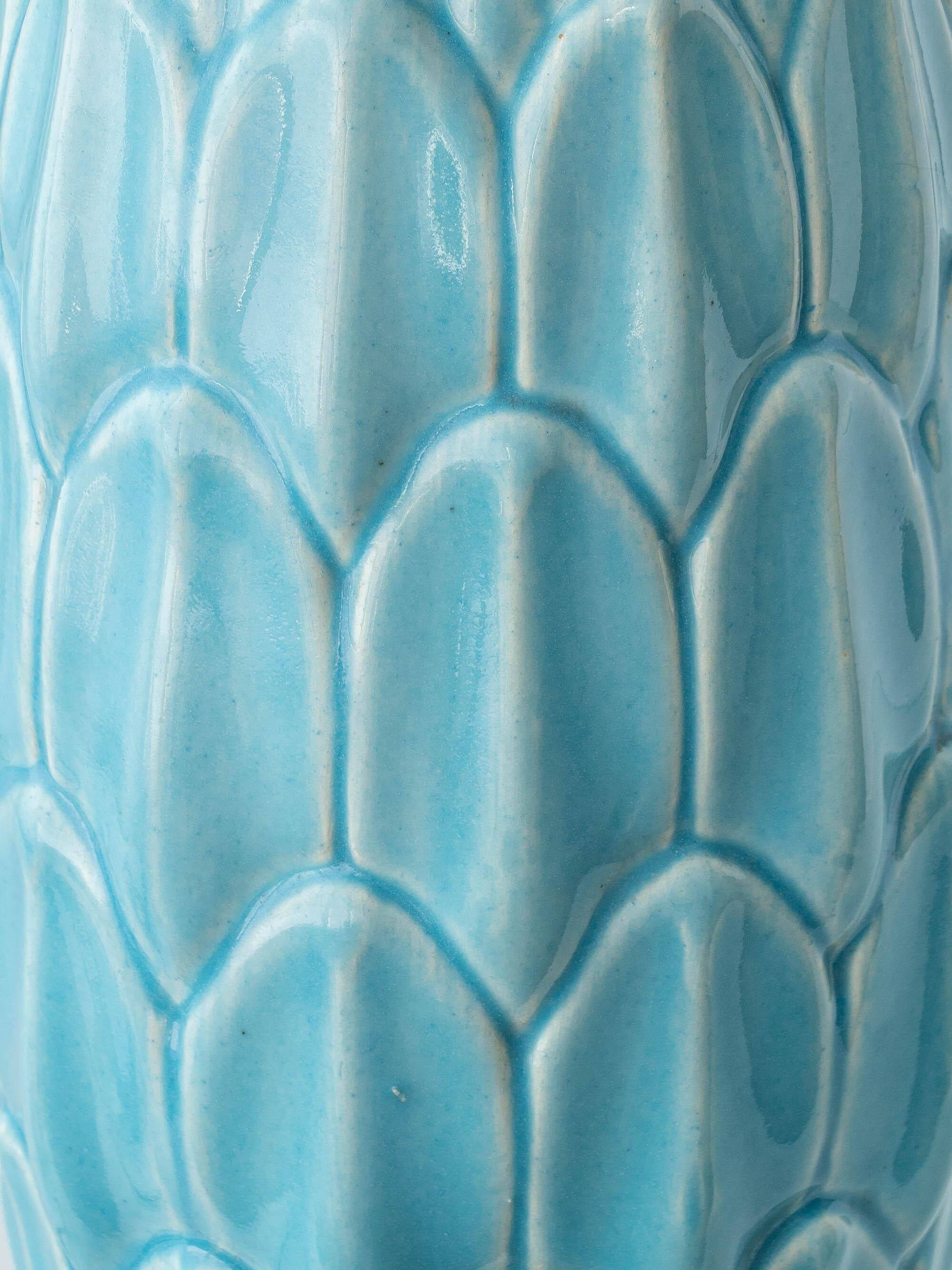 XXL Spanish sculptural table lamp in turquoise ceramic, 1960s, new Liberty lampshade.