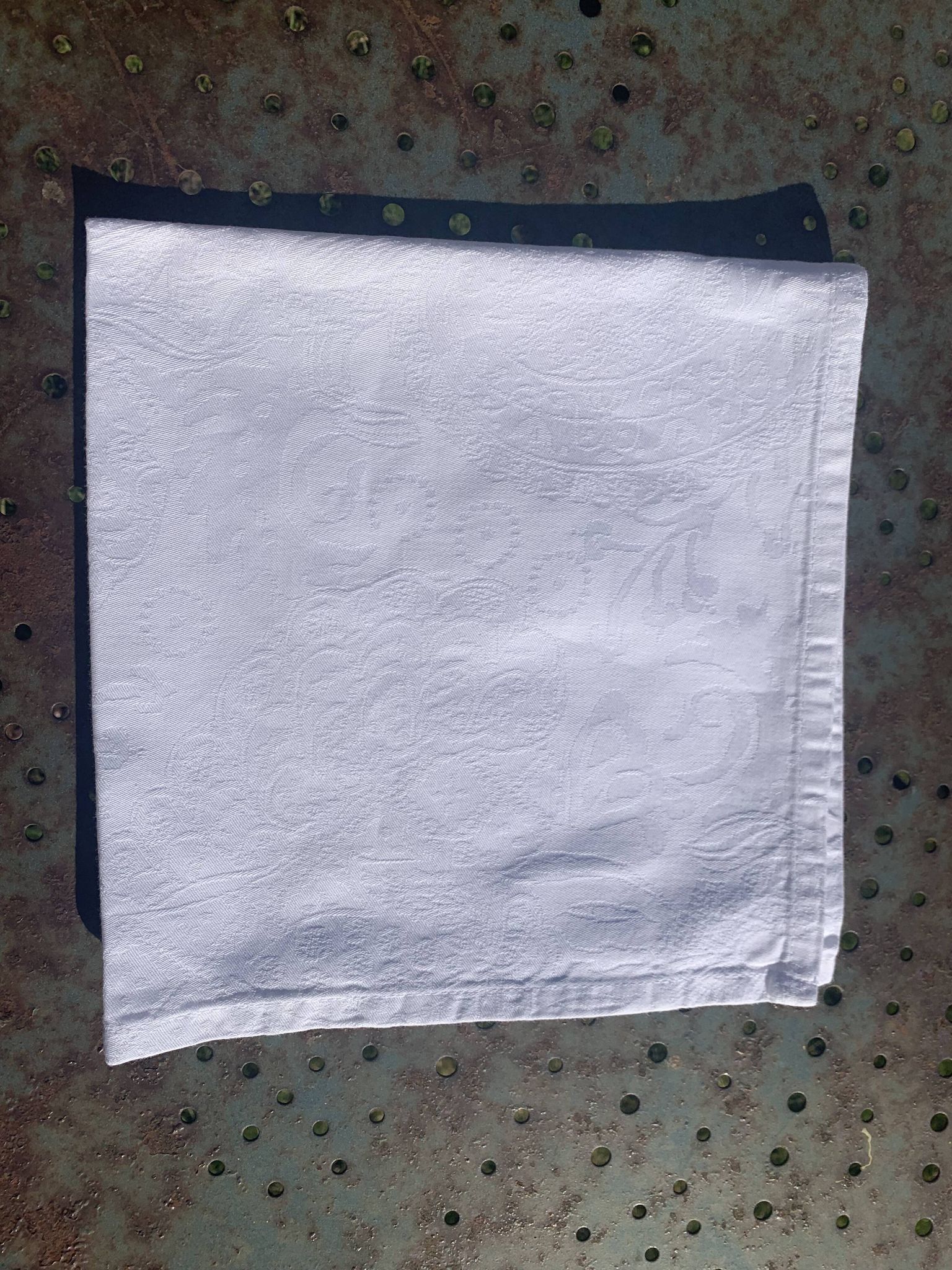 7 white damask cotton napkins, Christian Lacroix, vintage