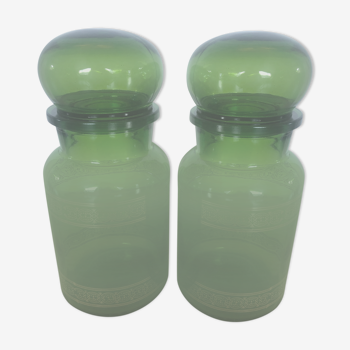 Lot of 2 green glass apothecary jars made in belgium