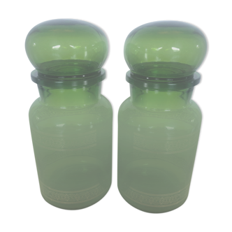 Lot of 2 green glass apothecary jars made in belgium