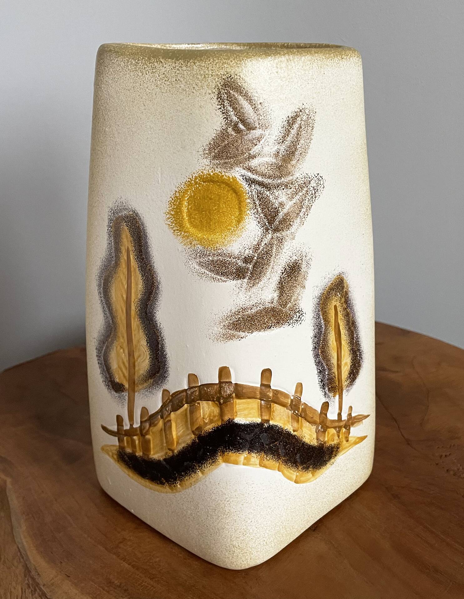 Beige-Yellow Chinese Ceramic Vase with Tactile Design Depicting Houses, Sun, Trees and Countryside