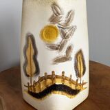 Beige-Yellow Chinese Ceramic Vase with Tactile Design Depicting Houses, Sun, Trees and Countryside