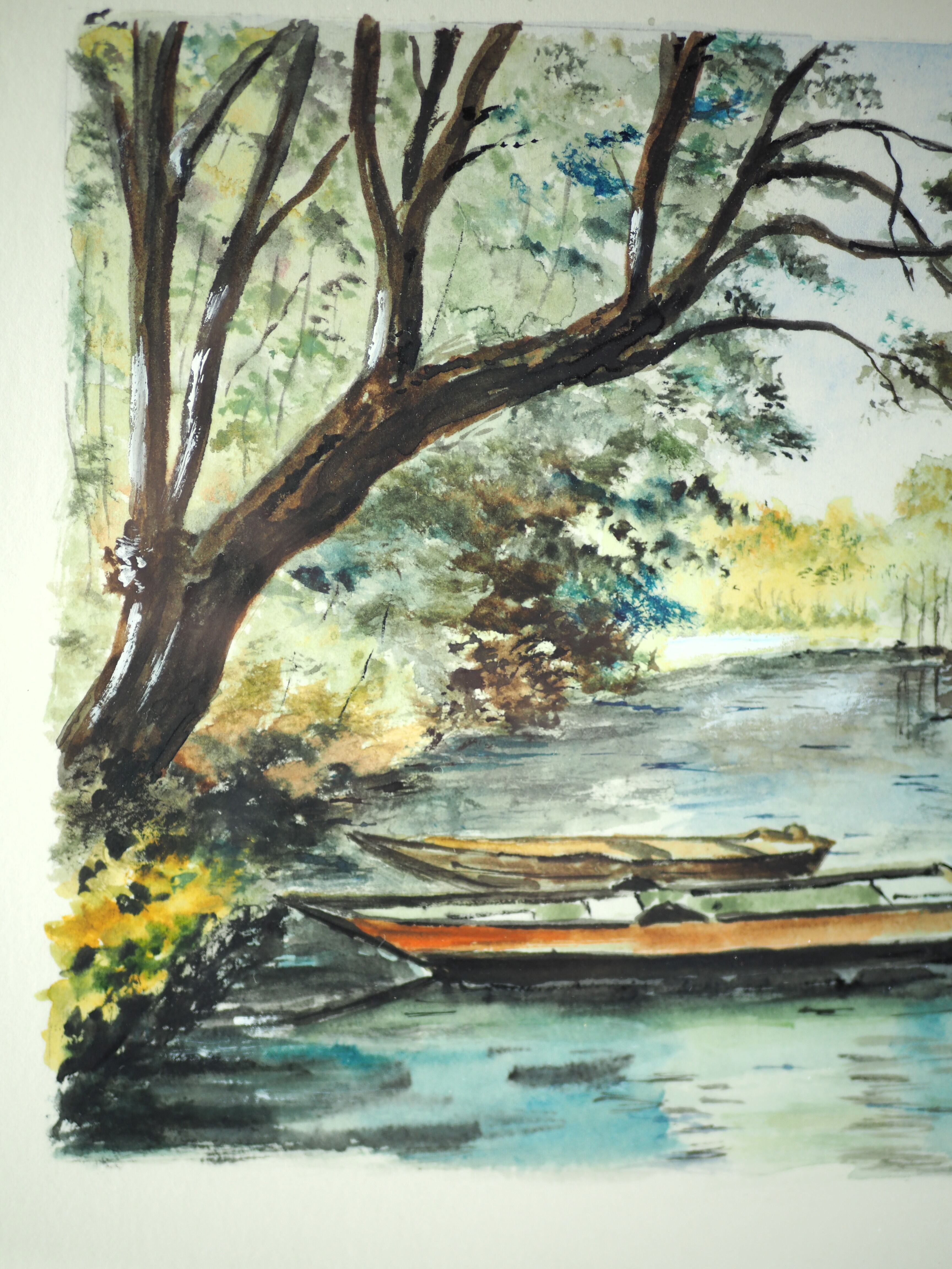 River and its two boats overlooked by a falling willow - Monique Perceval