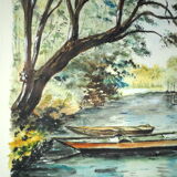 River and its two boats overlooked by a falling willow - Monique Perceval