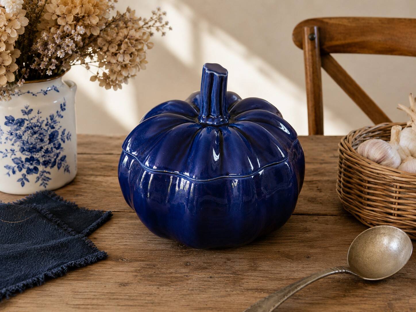 Large vintage soup tureen in glazed ultramarine ceramic