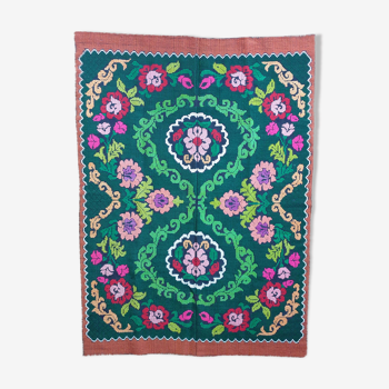 Floral handwoven green with pastel flowers, made in wool on a cotton fabric, bohemian design