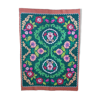 Floral handwoven green with pastel flowers, made in wool on a cotton fabric, bohemian design