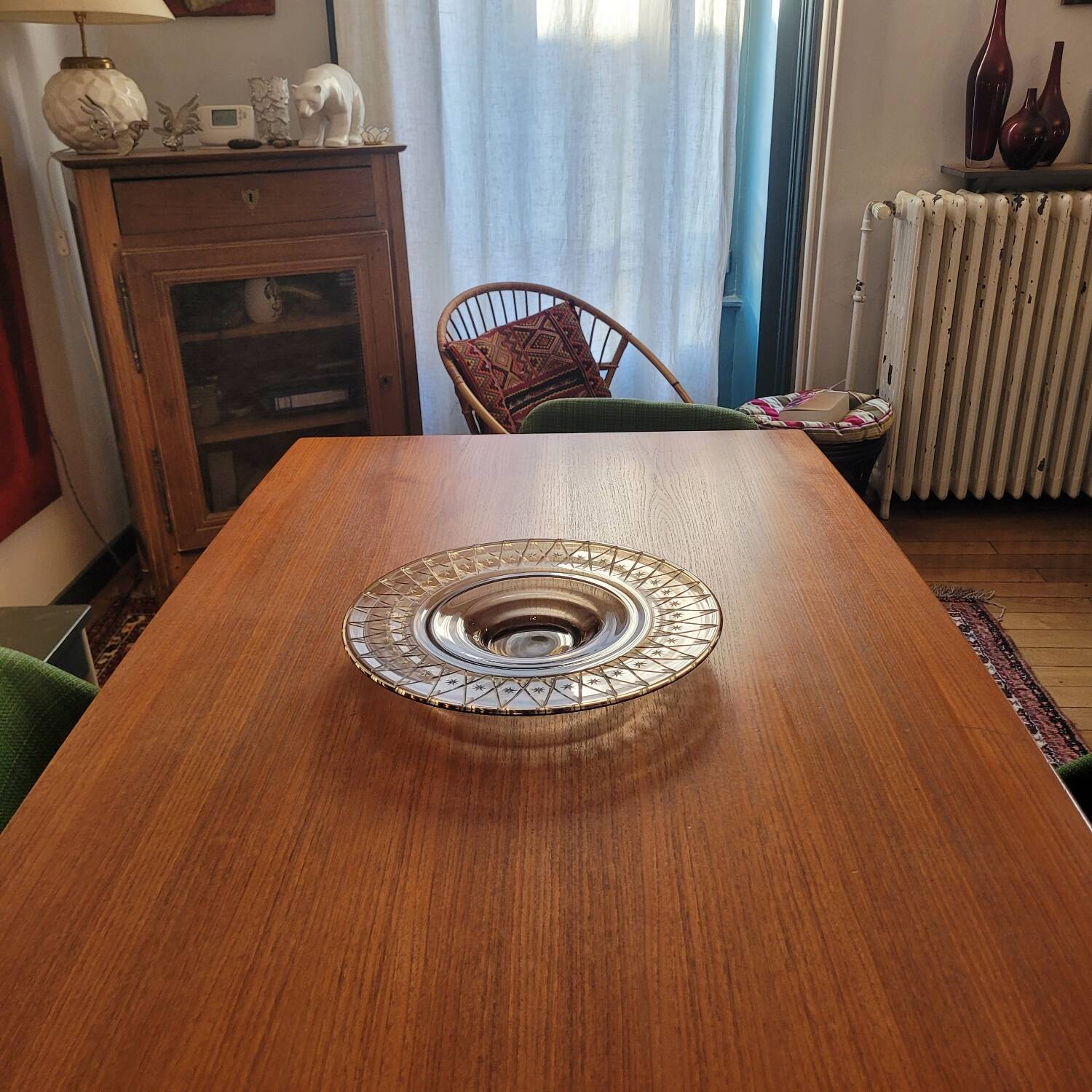 Large smoked glass bowl with star engraving – 1950s