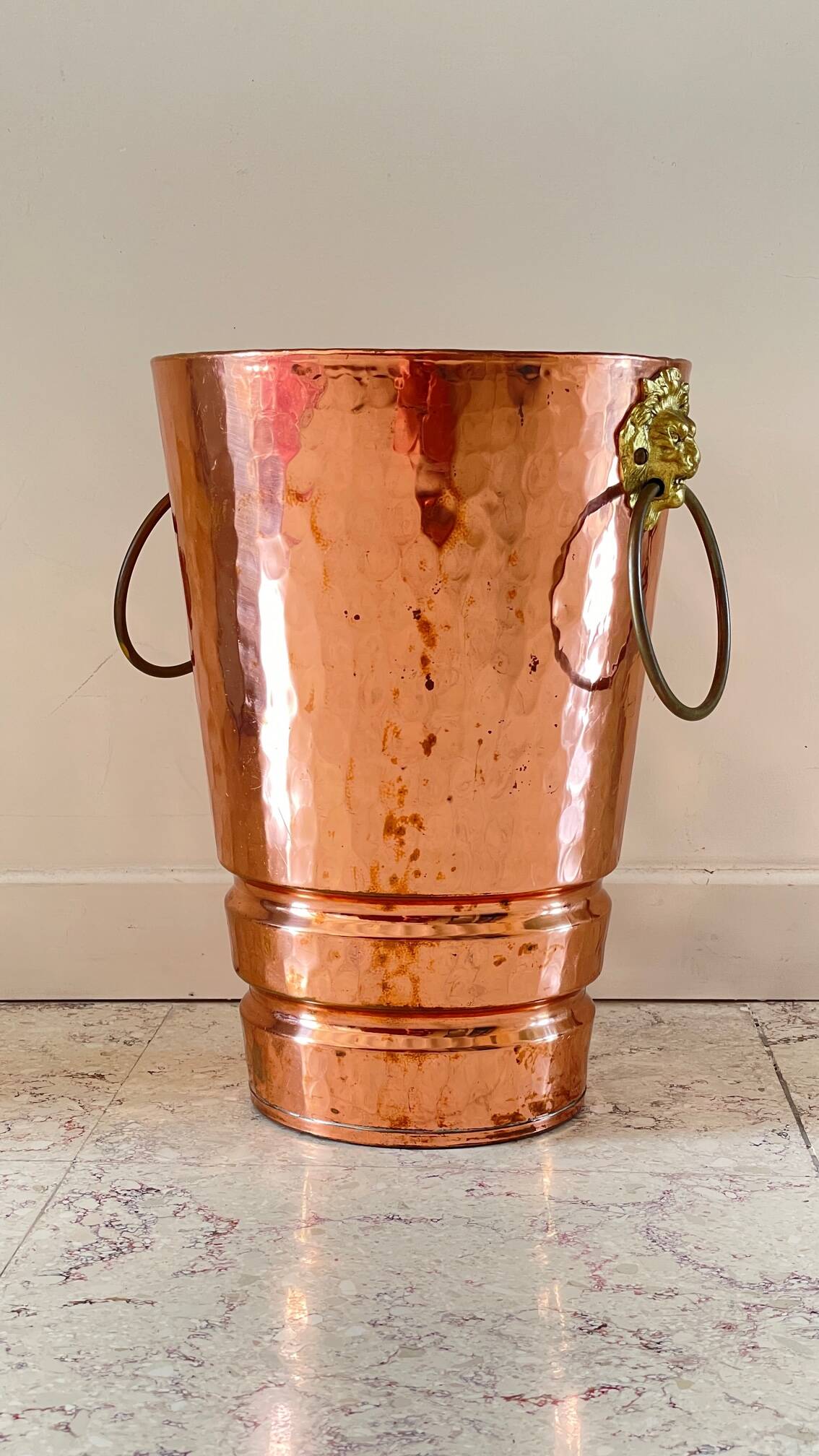 Vintage copper lion's head umbrella holder