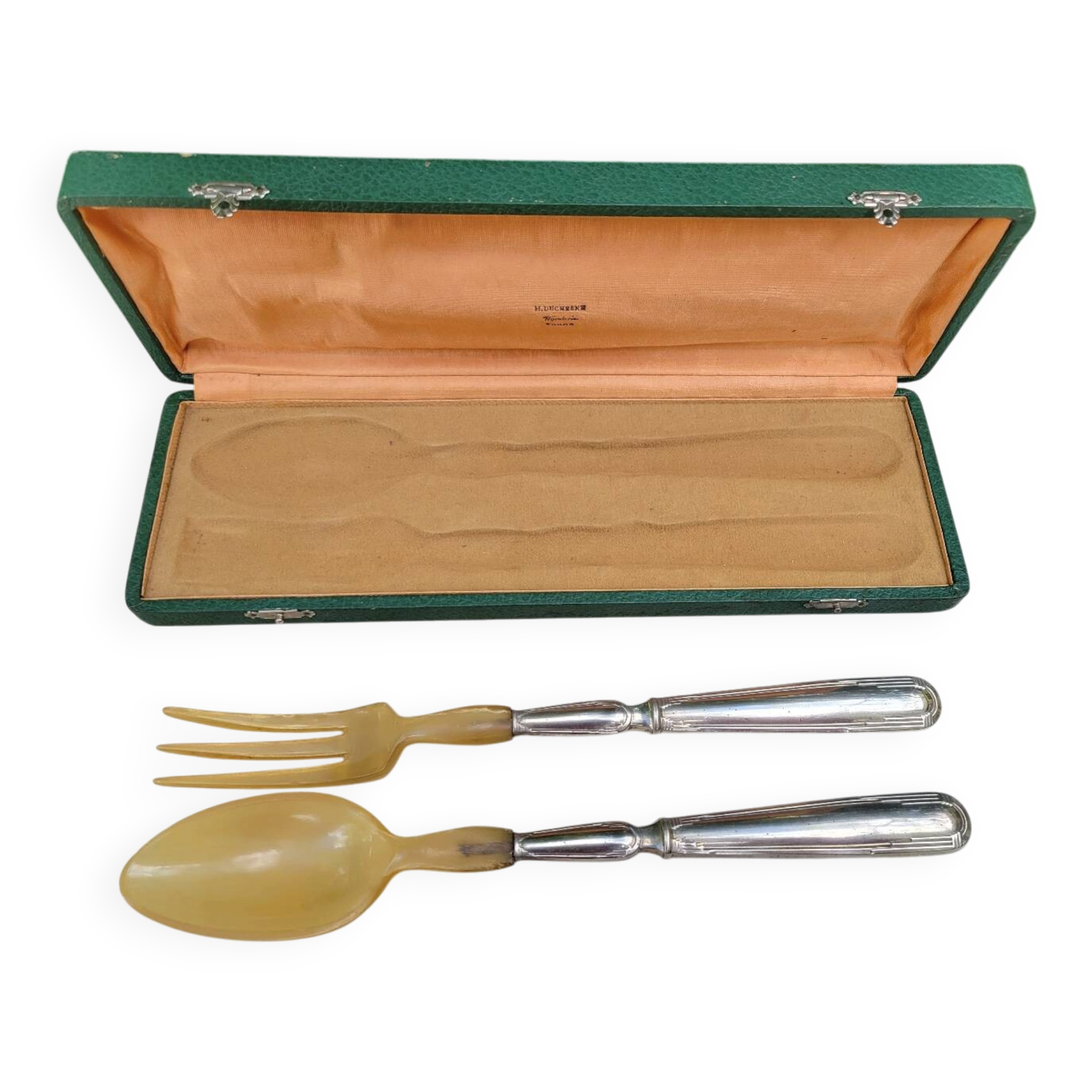 Art Deco salad cutlery in silver-plated metal and horn