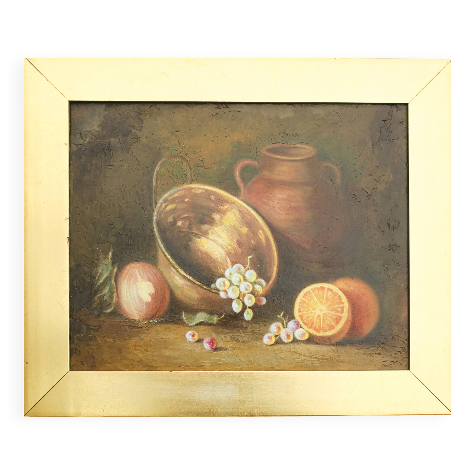 Cuadro al oleo con frutas. Bodegón con fruits y objects de cobre y barro.