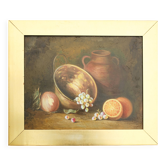 Cuadro al oleo con frutas. Bodegón con fruits y objects de cobre y barro.