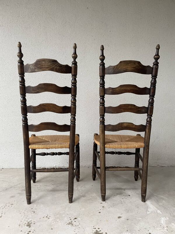 Chaise style campagnard bois massif et paille 1950