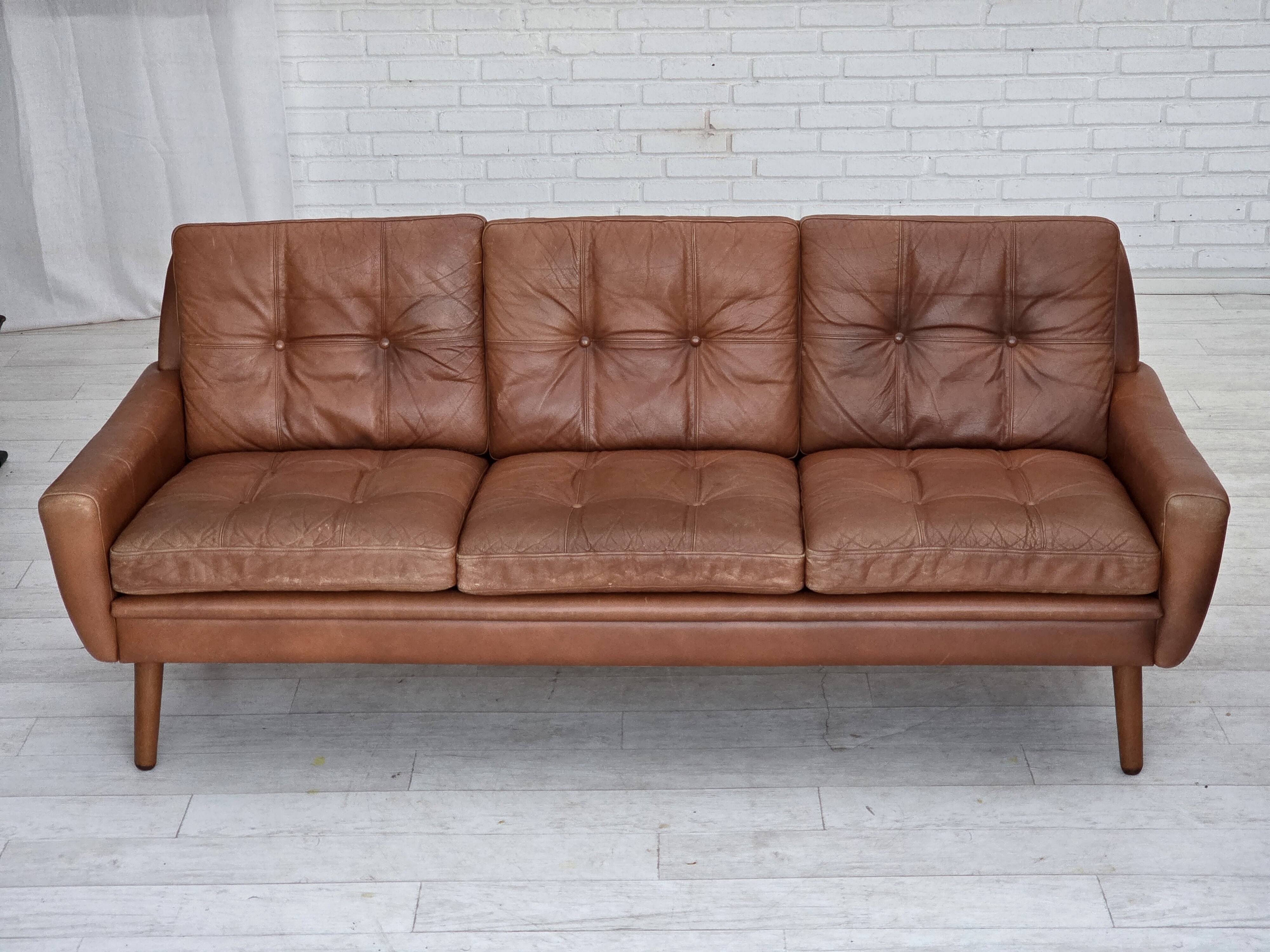 1970s, 3-seater Danish sofa, brown furniture leather with patina.