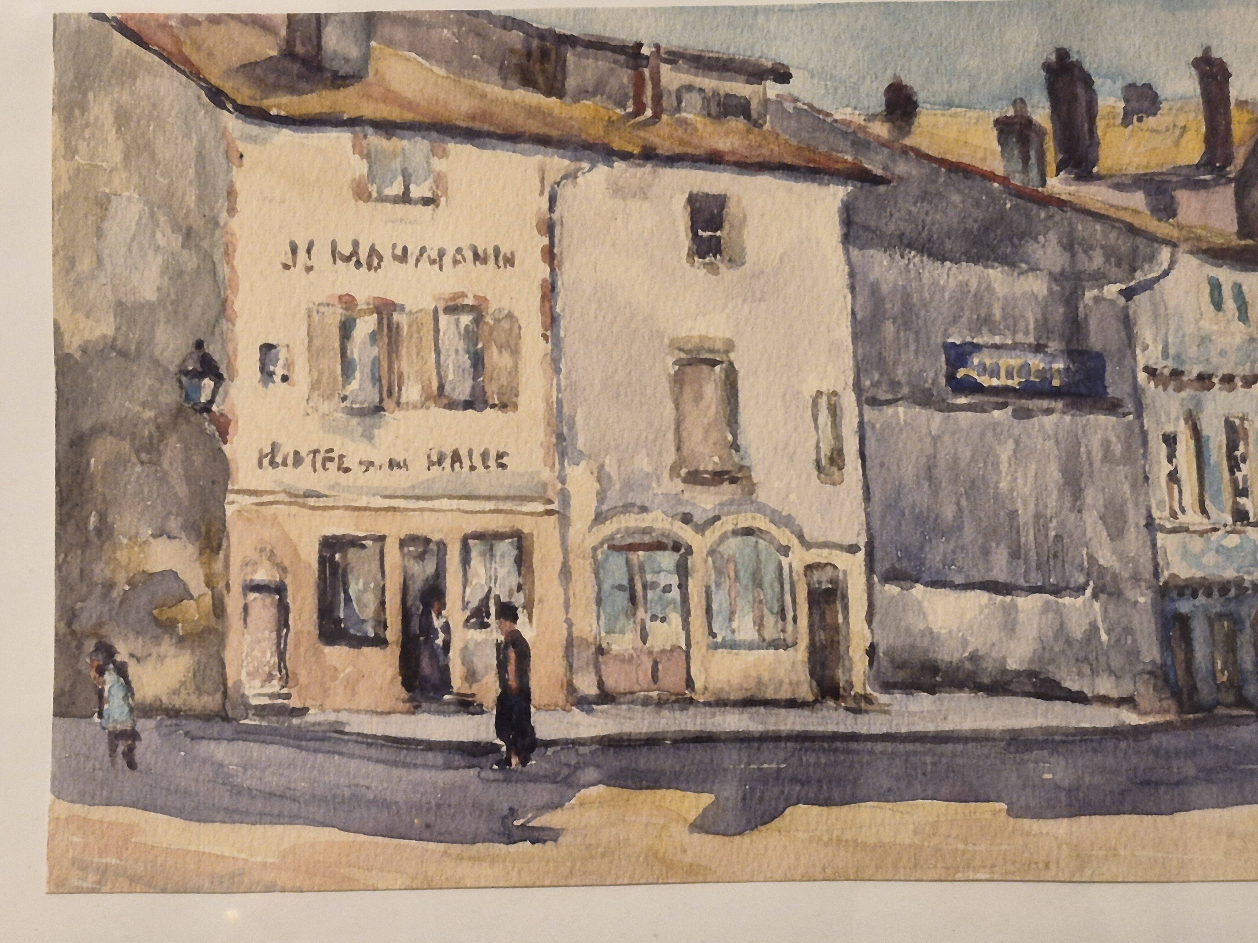 Old watercolour signed marius alamartine "hôtel de la halle" in charlieu