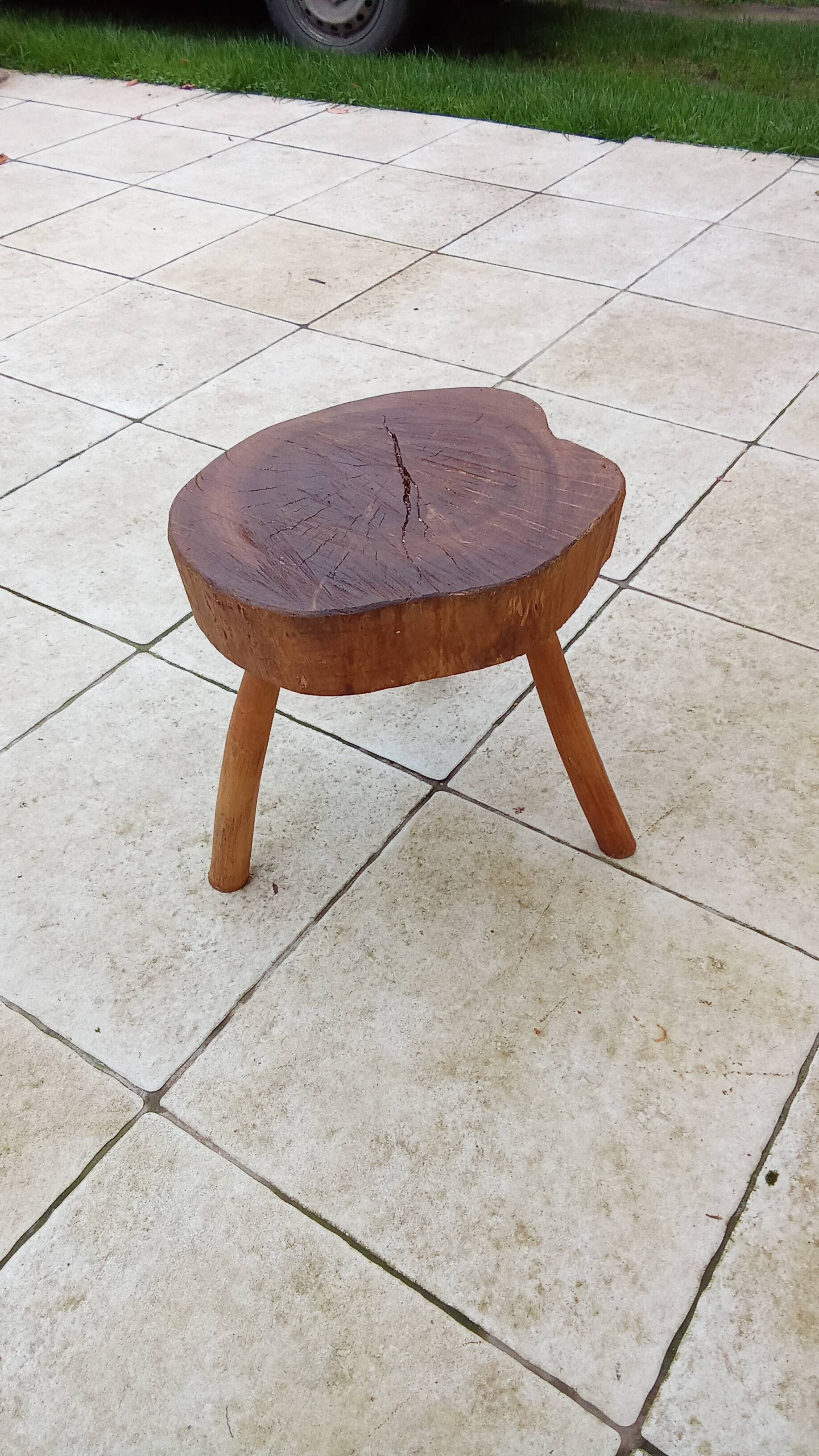 small vintage brutalist wooden tripod side table