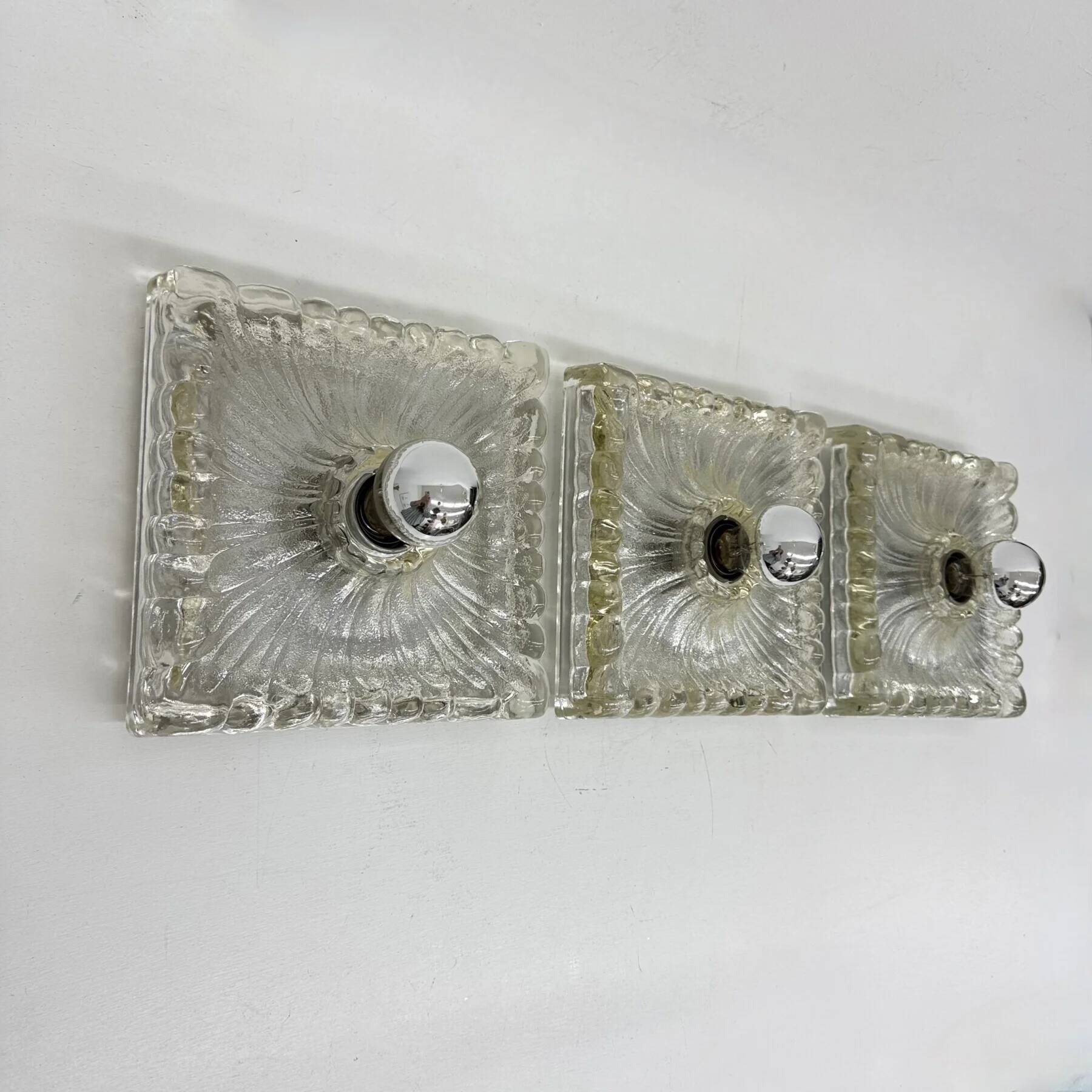 Hustadt Leuchten ice glass wall lamp sconce set of 3, 1970s Germany