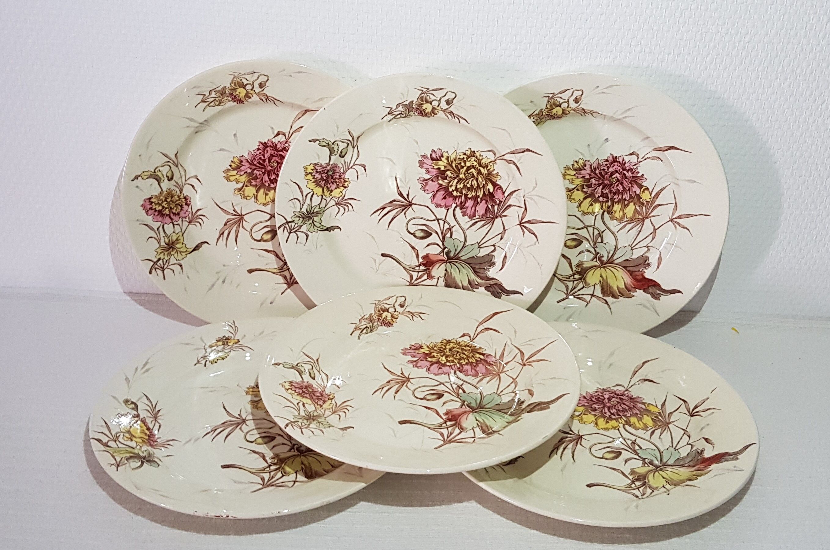 Set of 6 dessert plates in Luneville earthenware, iron earth, polychrome