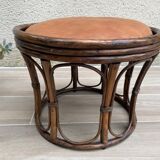 Vintage rattan and leather pouf