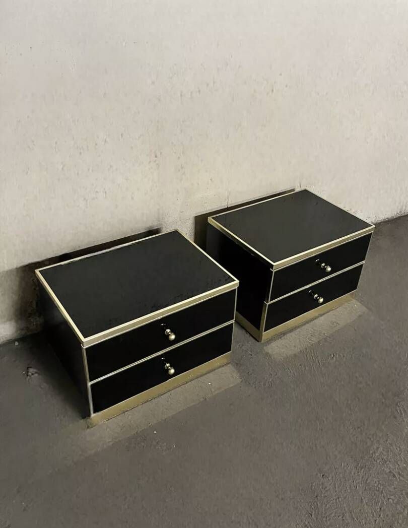 Pair of black lacquered and brass bedside tables, Roche Bobois 1970