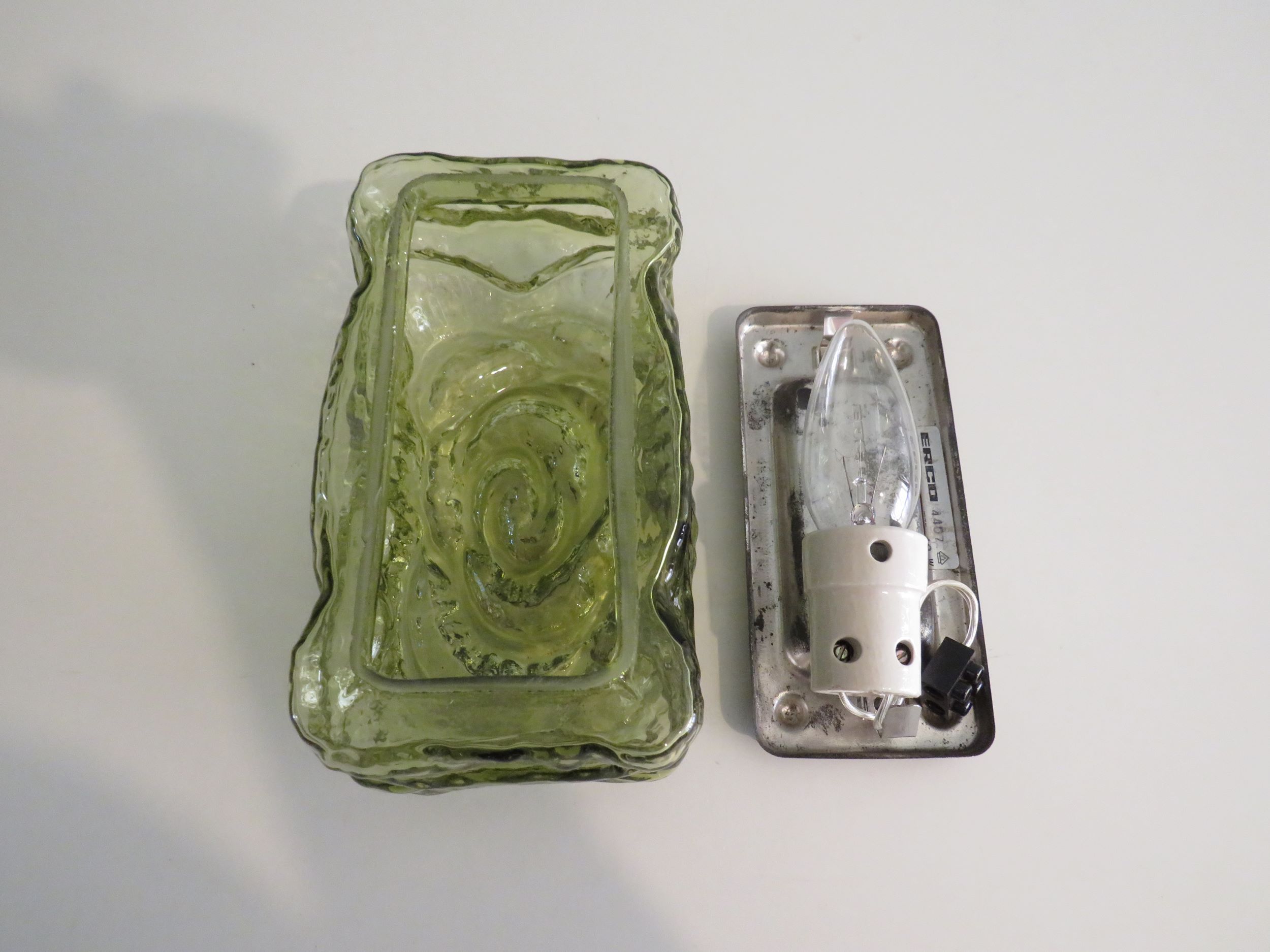 Mid-century brutalist green glass wall lamp by Erco, Germany 1960-1970.Model 54048.