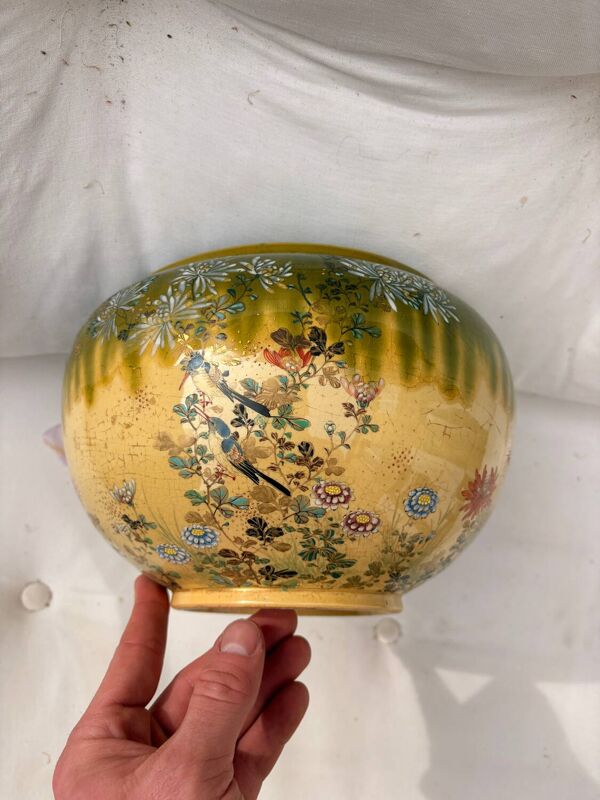 Jardinière, cache-pot japonais en céramique verte, décor oiseau, fleurs Kobe Shuzan Satsuma Meije
