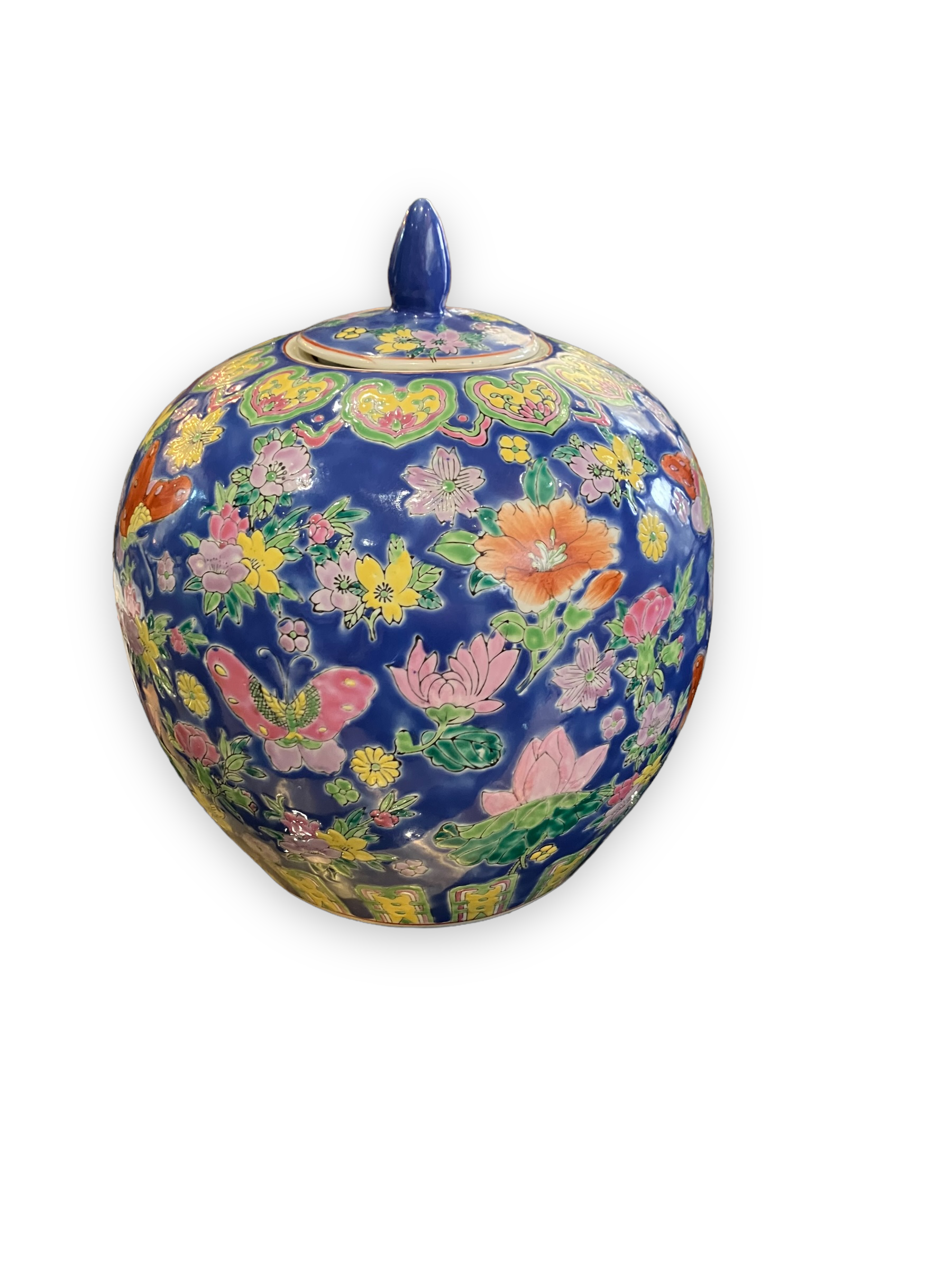 Chinese ginger pot porcelain blue background butterfly decor