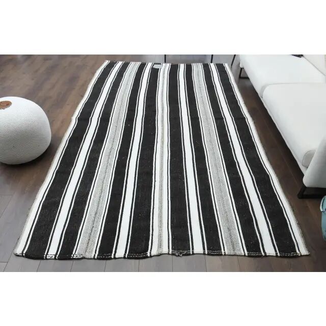 1970s Vintage Turkish Oushak Handmade  White Black Runner Rug  182x296