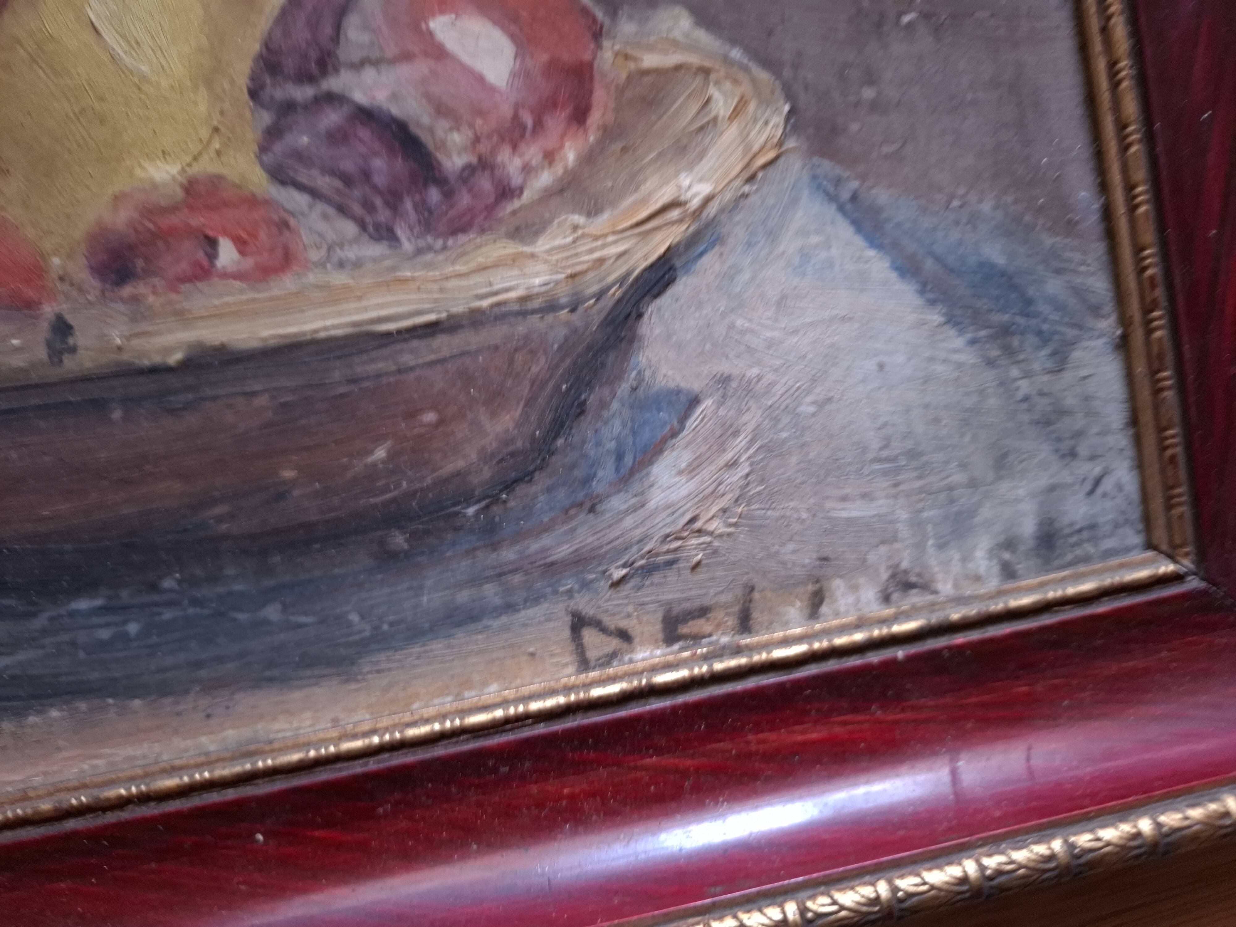 Tableau , huile sur carton  , nature morte coupe de fruit signée Bello