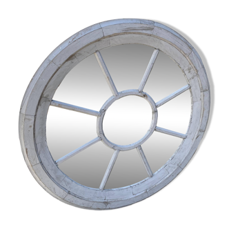Large vintage gray cart wheel wooden wall mirror