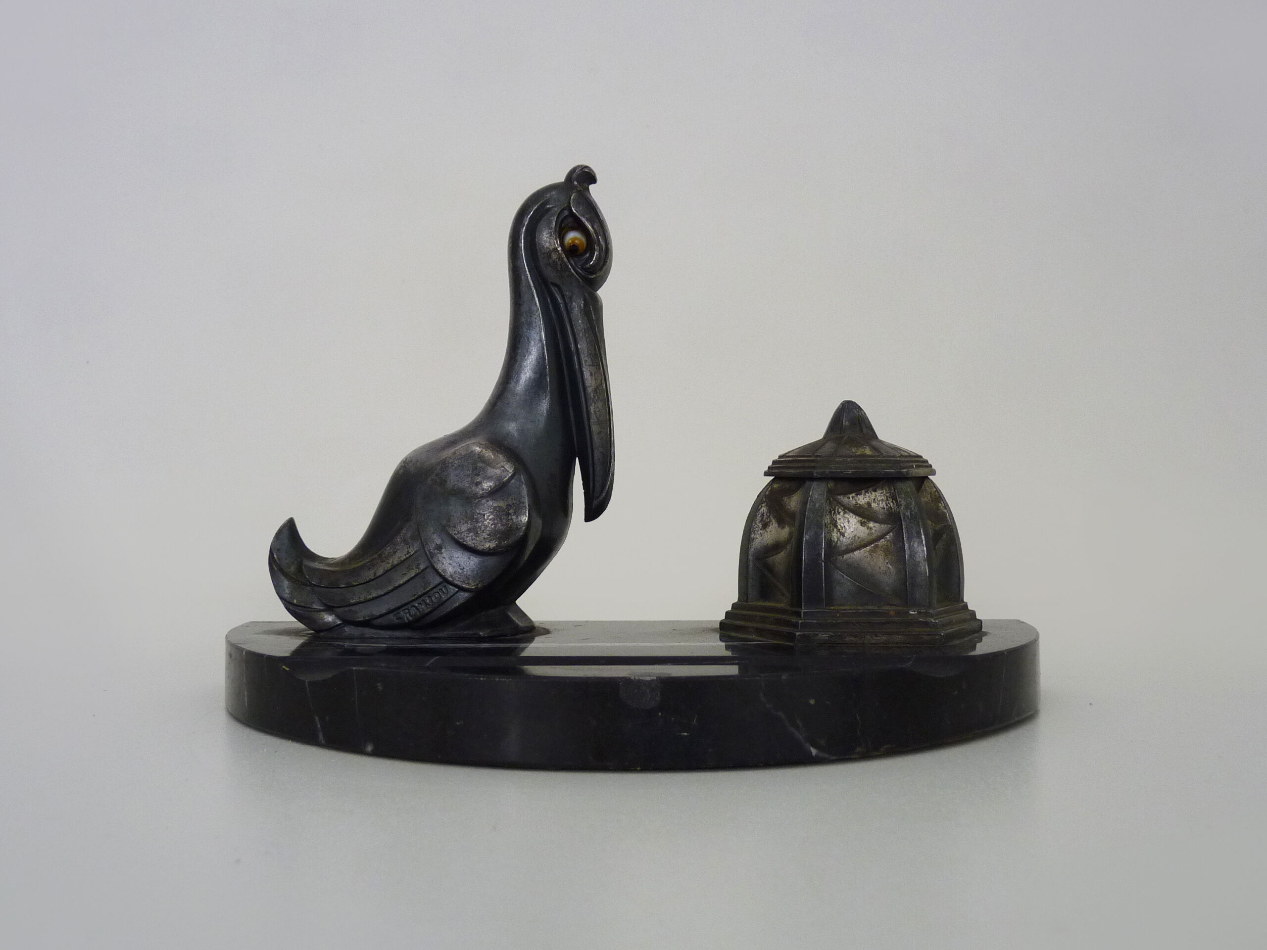 Regulated inkwell and marble signed Franjou pelican art deco