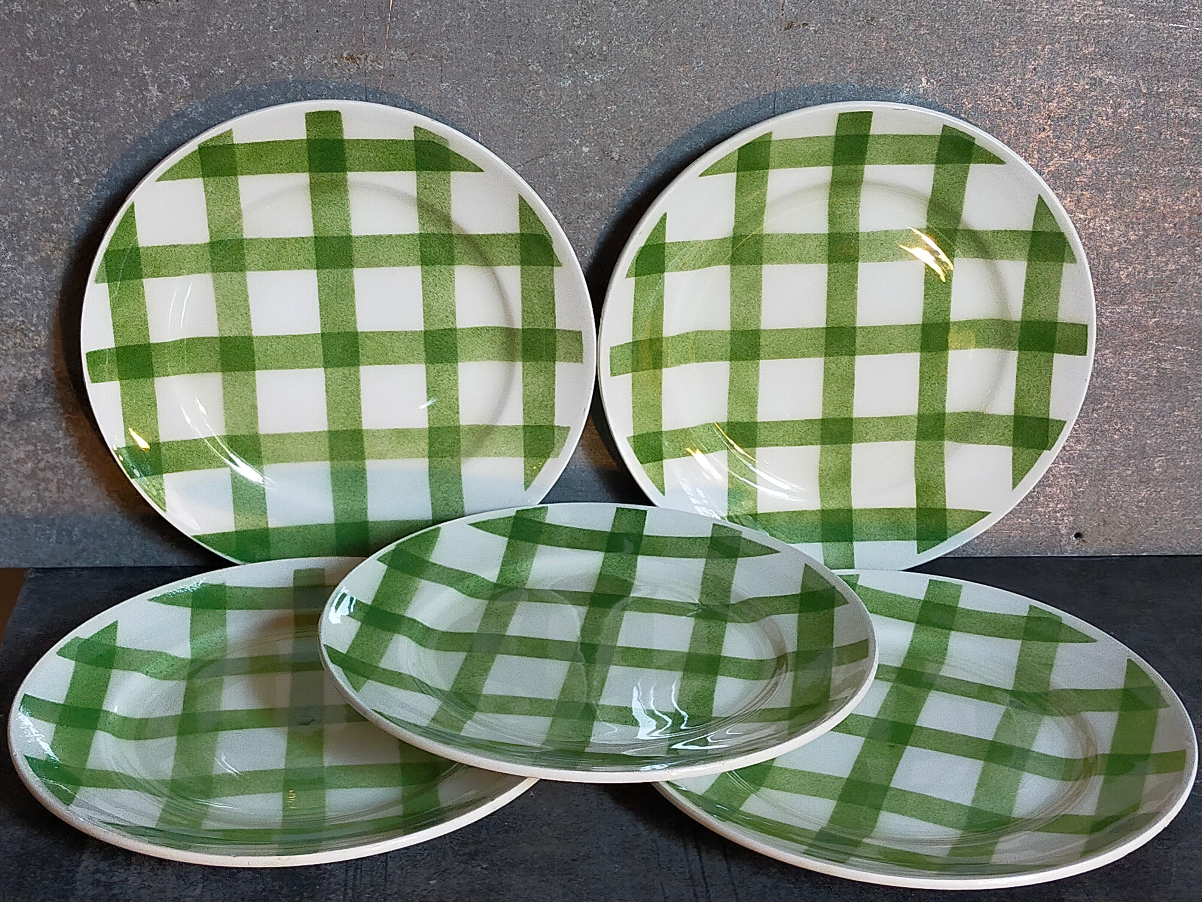 Five dessert plates Orchis-Moulin des Loups vintage checkered décor