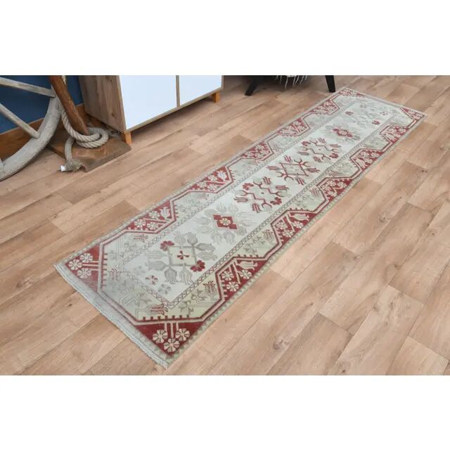 Vintage Beige Pink Turkish Handmade Oushak Wool Runner Rug  73x278