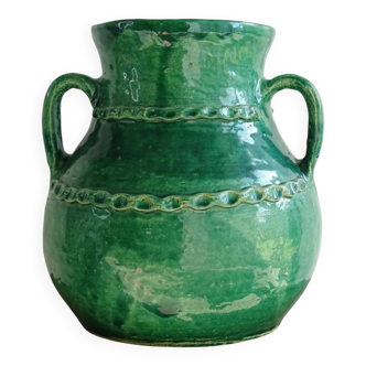 Grand vase vintage en faïence Beauronne à glaçure verte